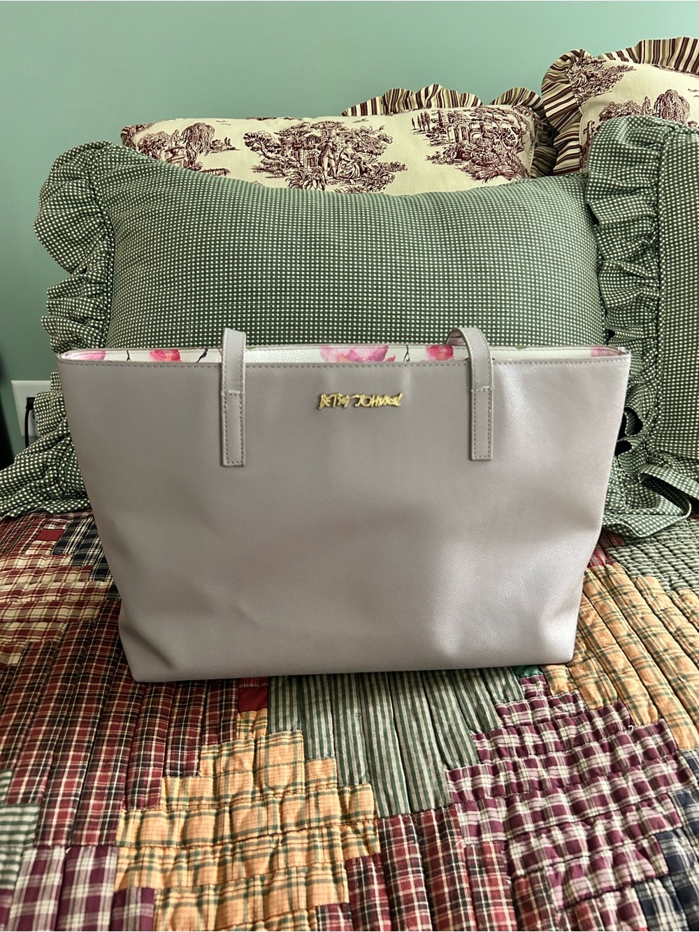 Betsey Johnson Pale Gray Tote with Floral Trim